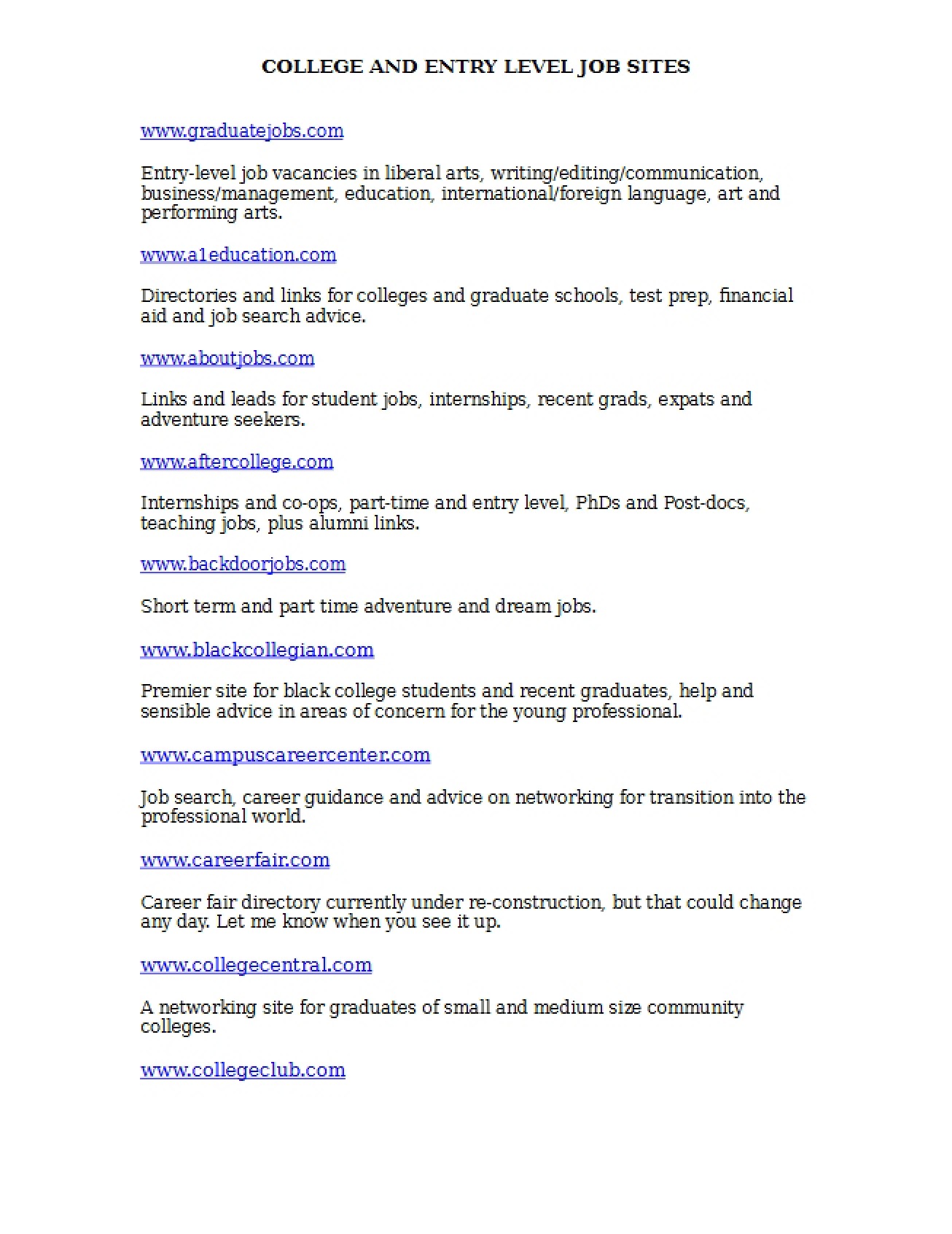 Internet Career Resources for CFANS