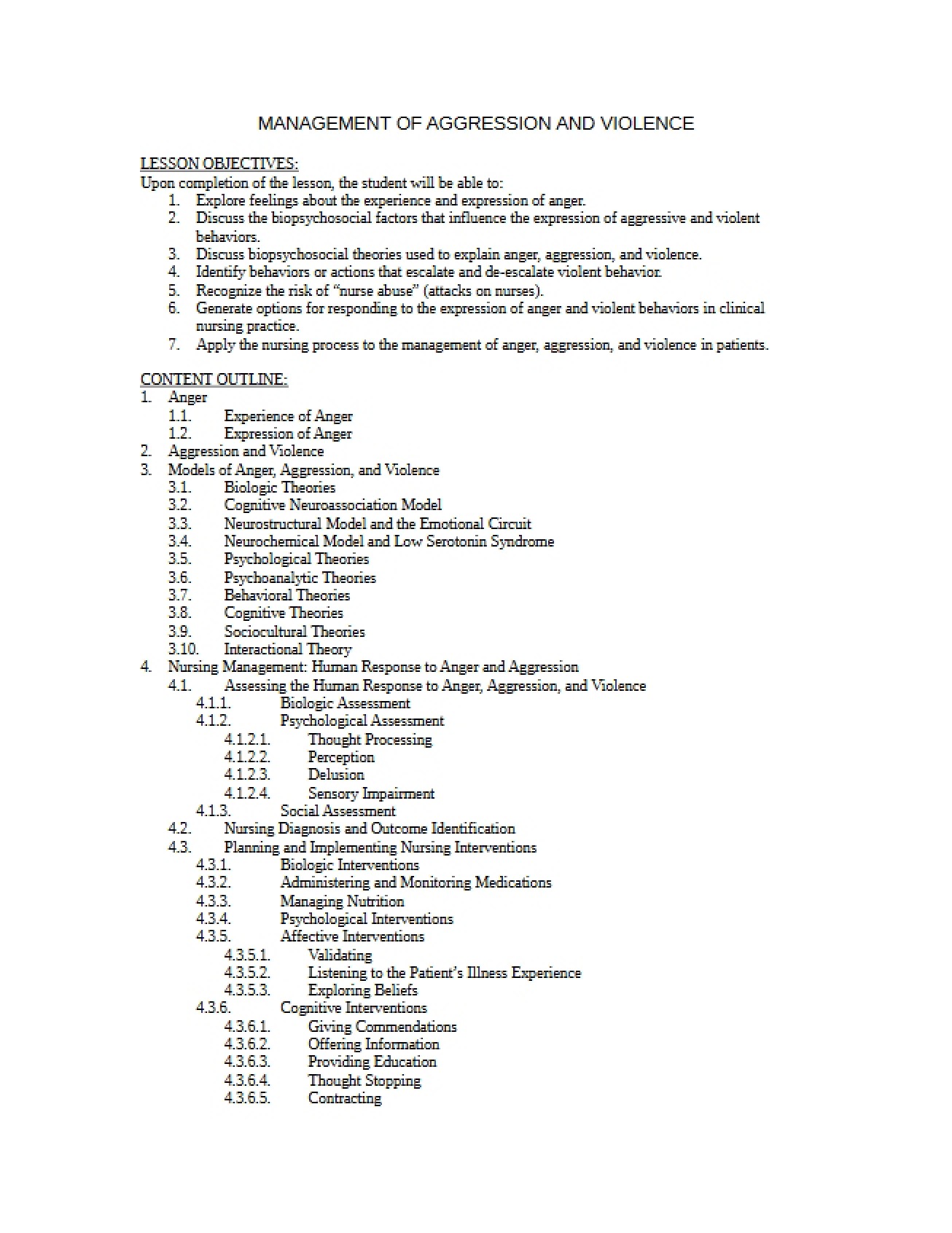 Violence and Aggression Management