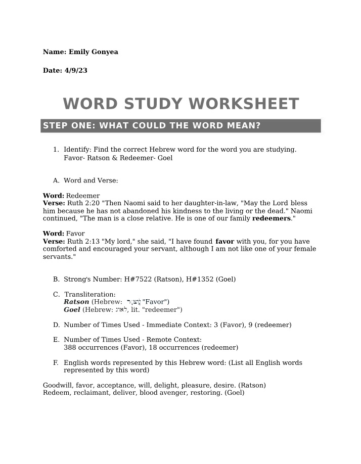 Worksheet for Hebrew Word Study