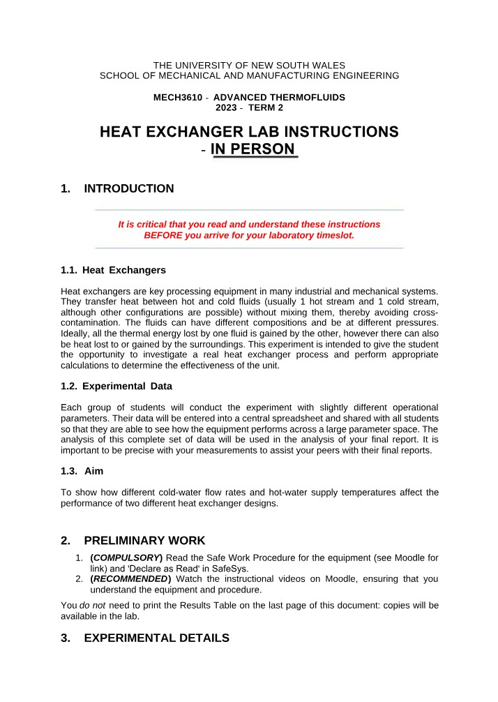Instructions for the Heat Exchanger Lab