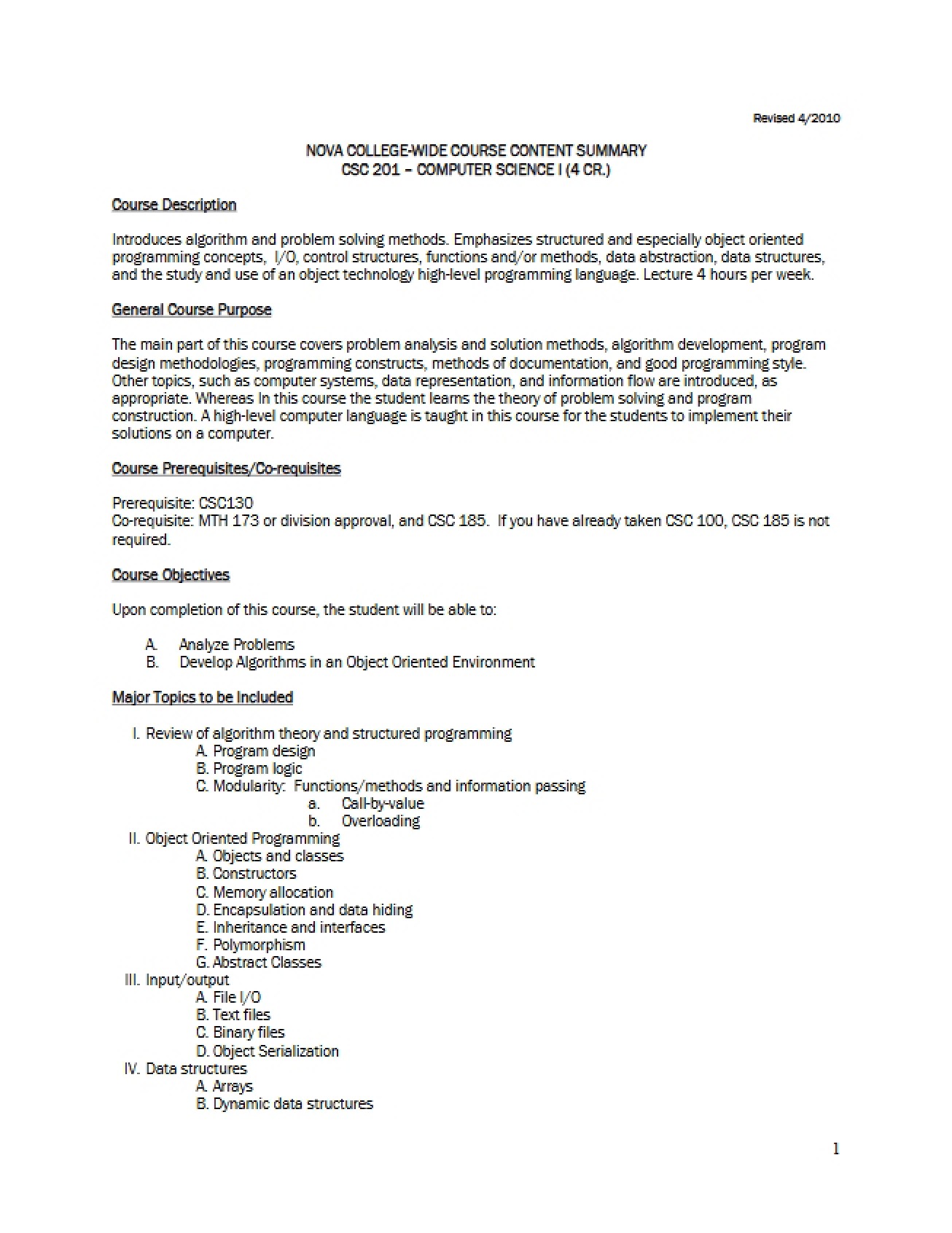Computer Science I Content