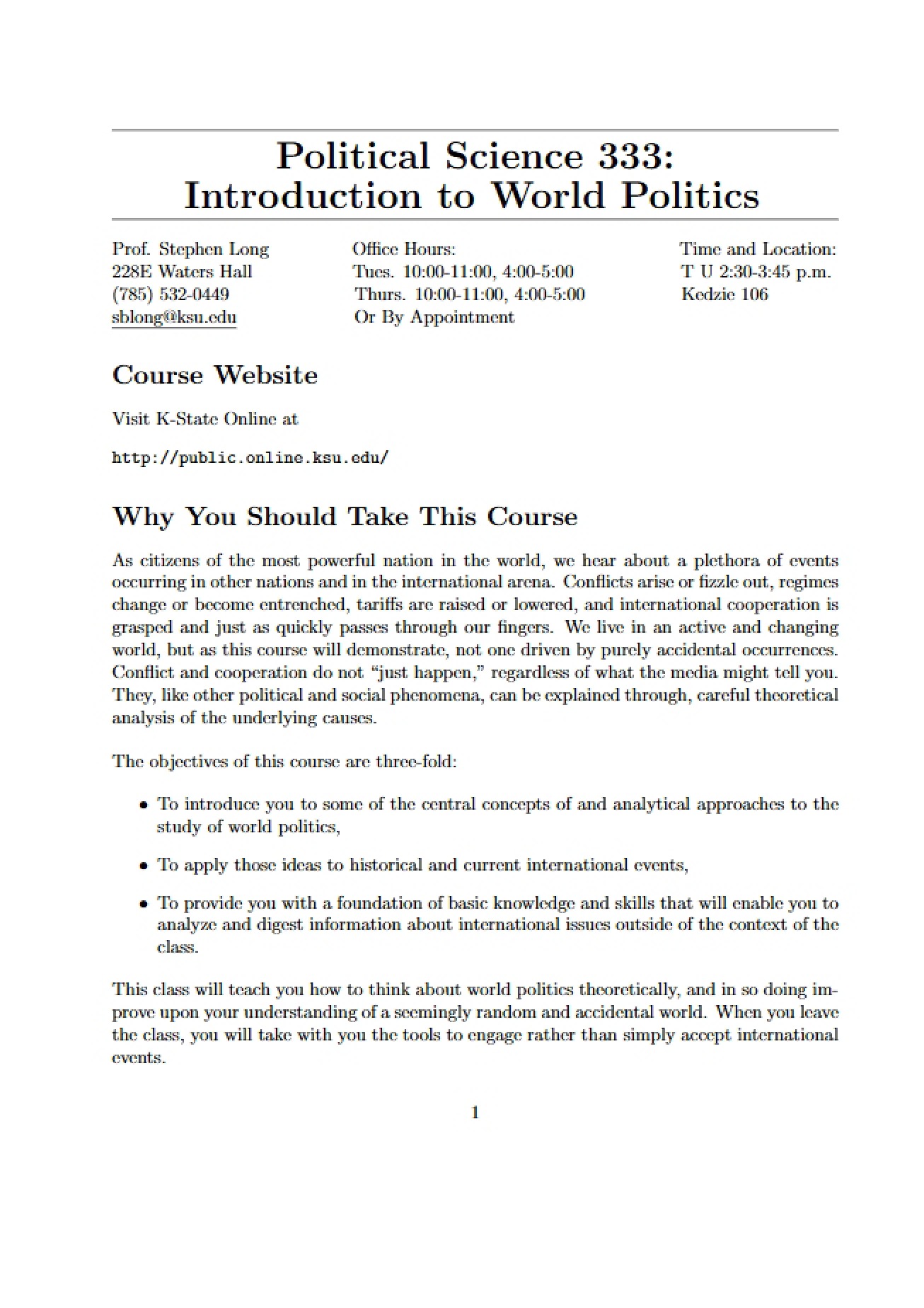 Syllabus for a Course on World Politics