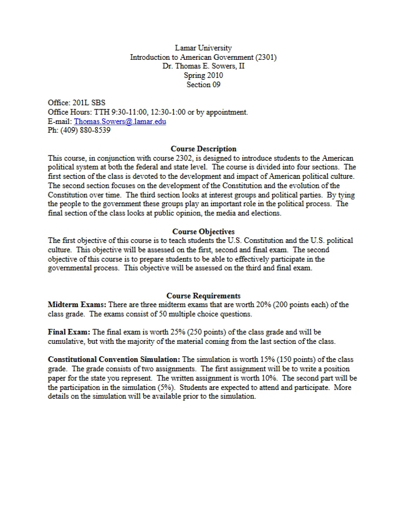 Description of the Course on American Government II