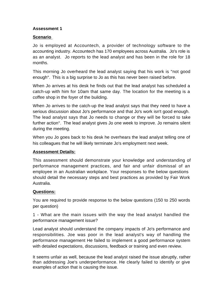 Performance Management and Dismissal Scenario - Assessment 1
