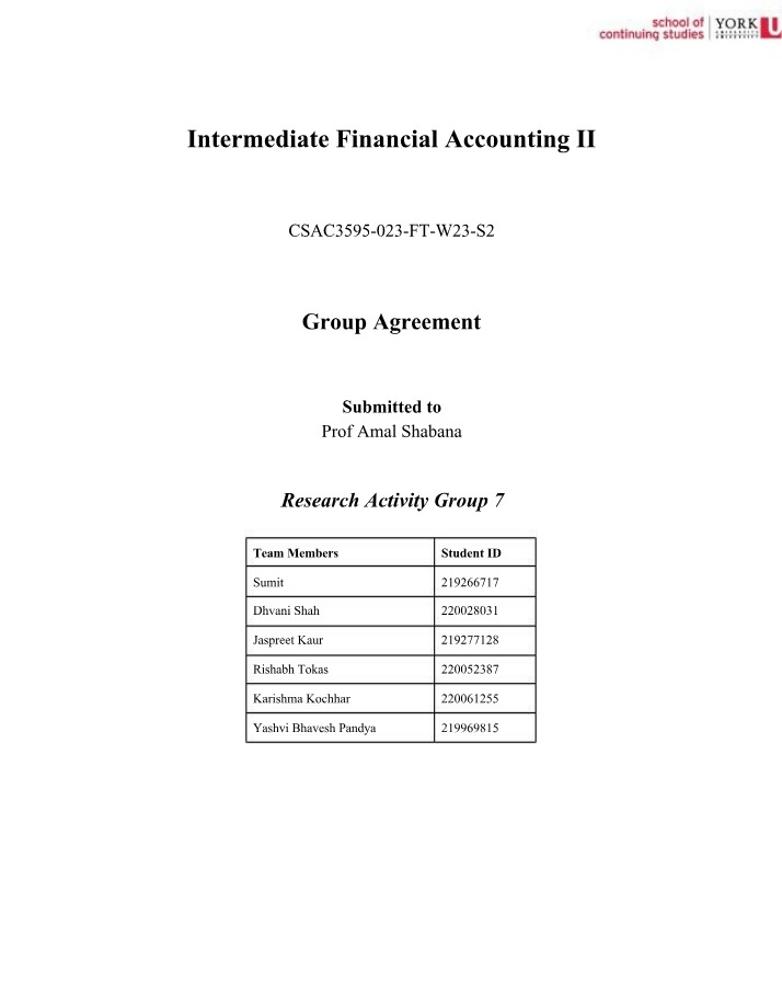 Group Agreement and Responsibilities - Intermediate Financial Accounting II