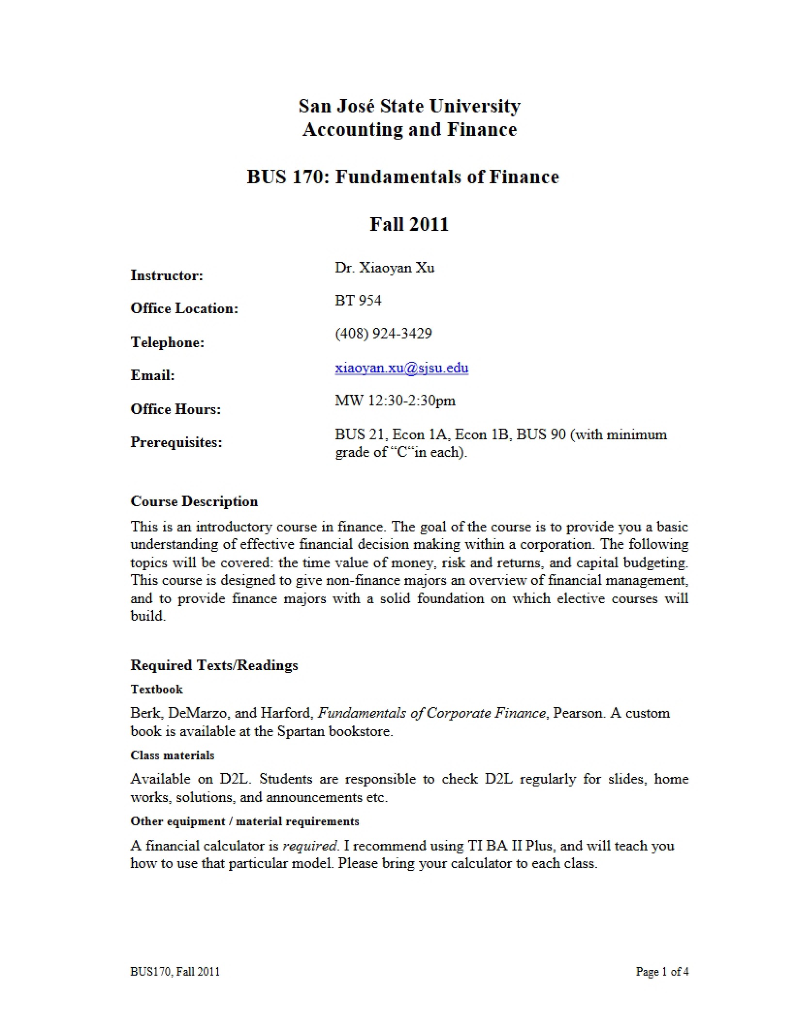Fundamentals of Finance - Fall 2011