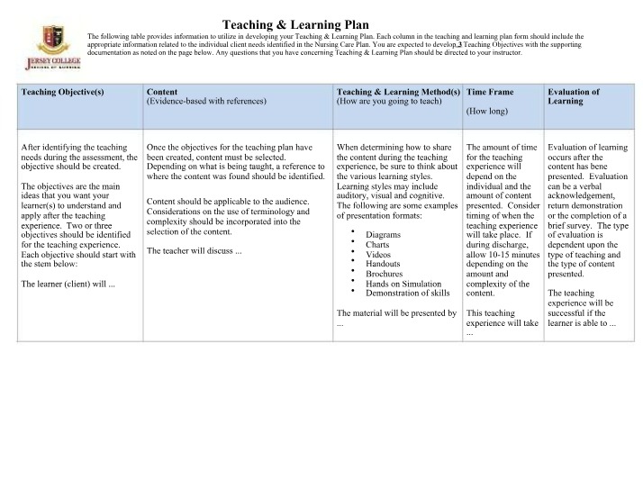 Plan for Teaching and Learning