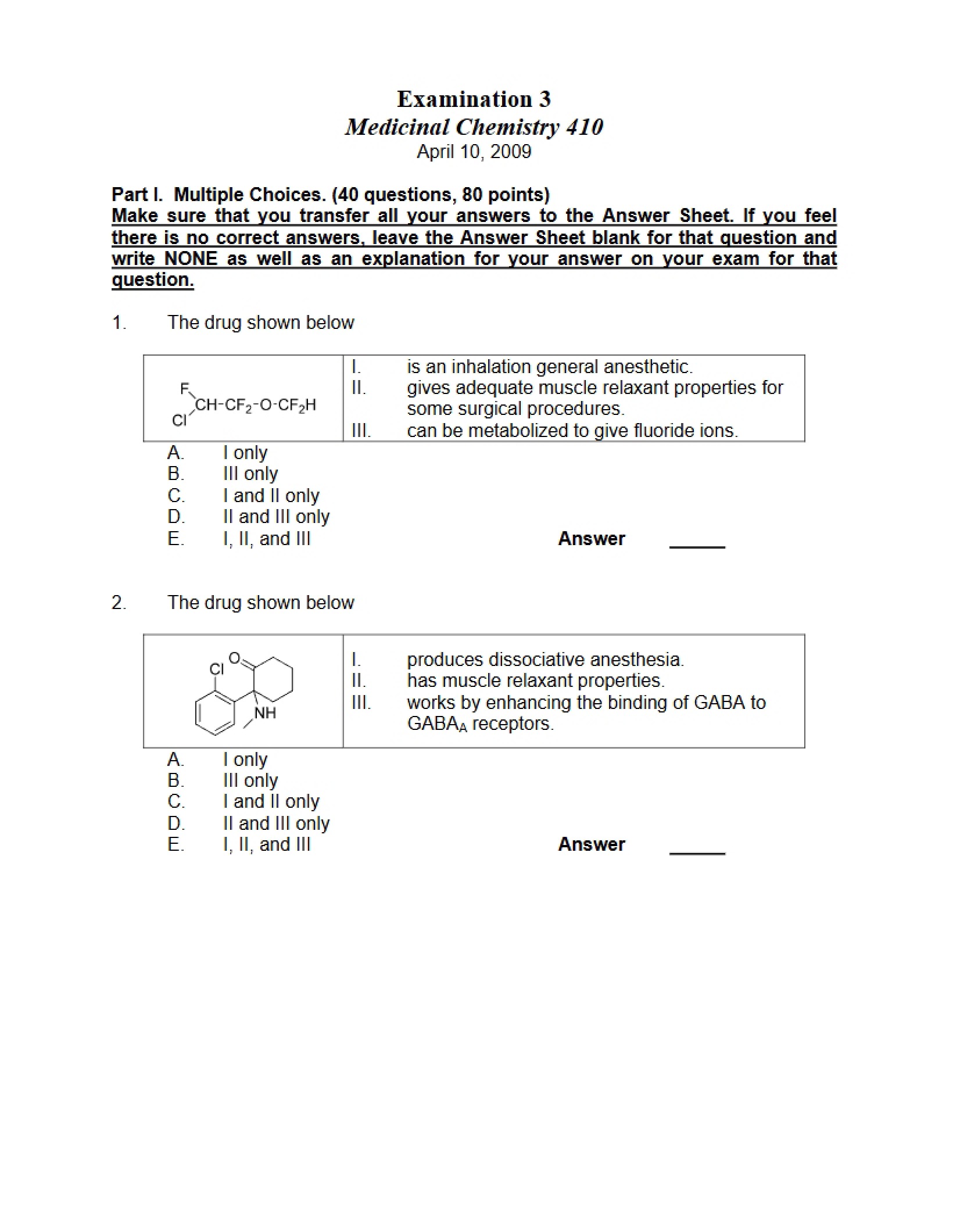 Medicinal Chemistry Examination