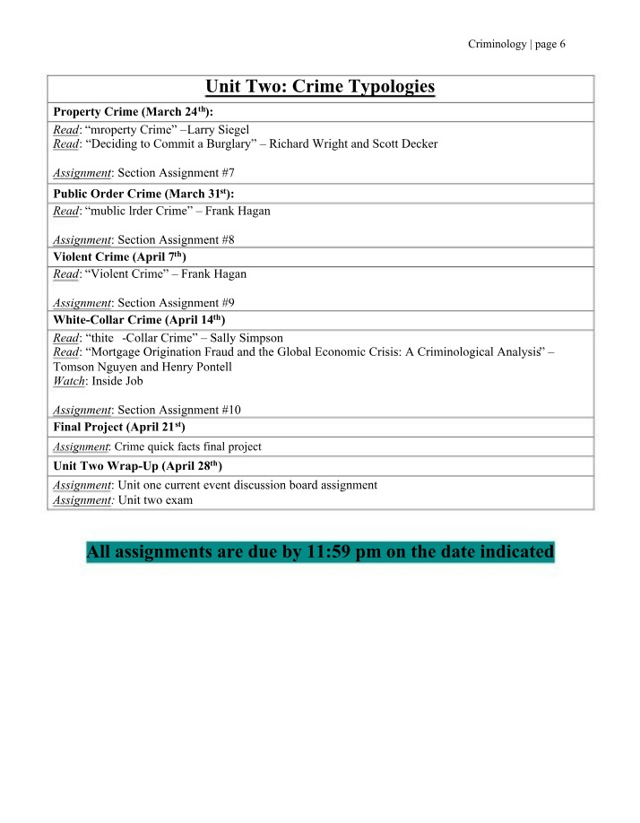 Crime Typologies - Unit Two