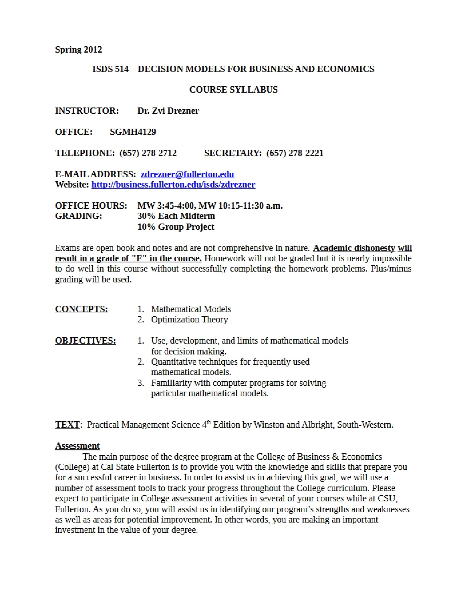 Syllabus Decision Models for Business