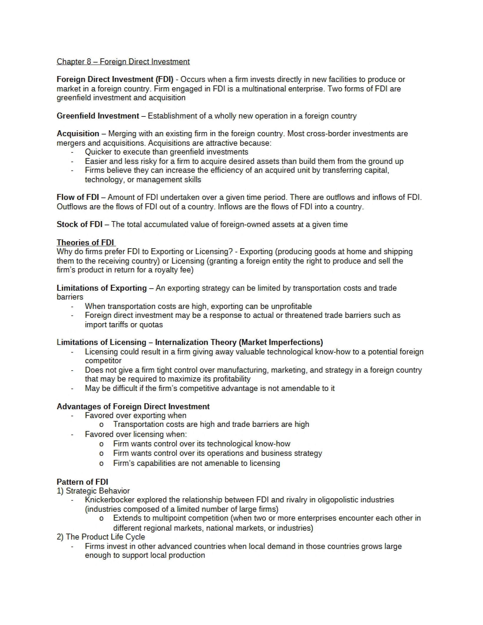 Foreign Direct Investment (Chapter 8)