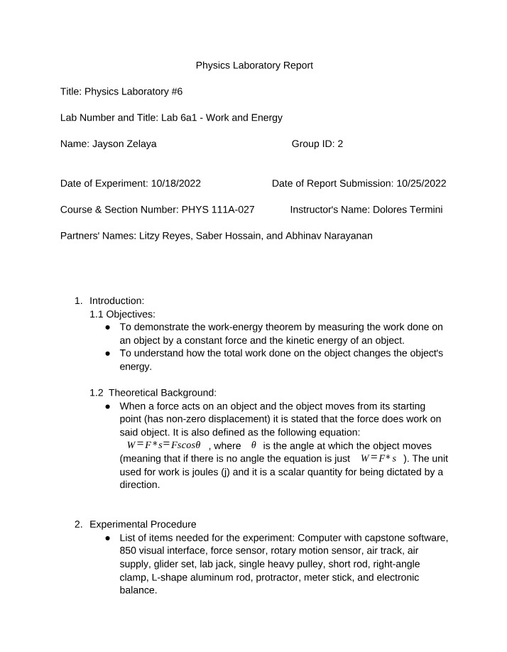 Work-Energy Theorem - Physics Laboratory