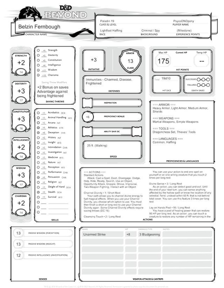 Belzin Fernbough Paladin - D&D Character Sheet