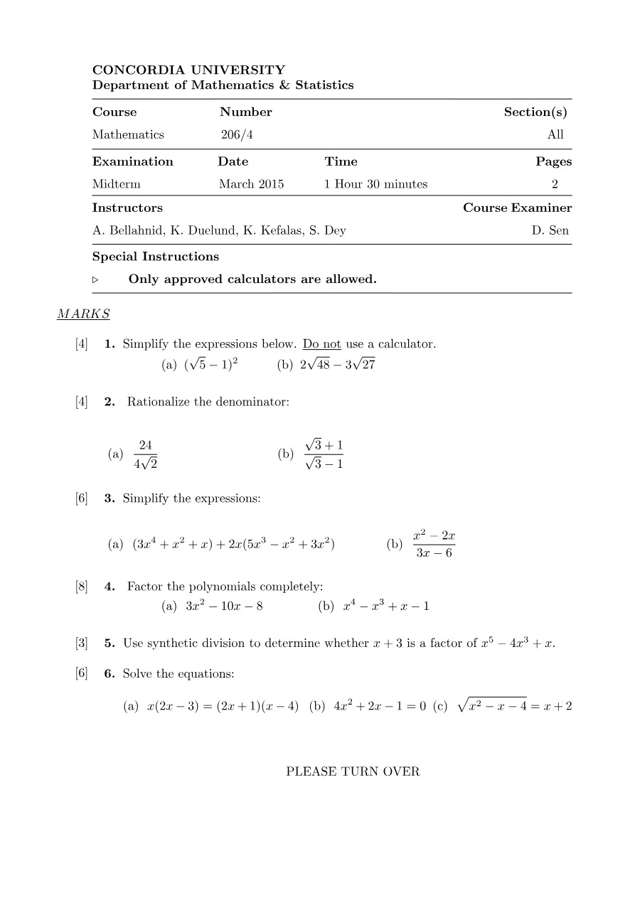 March 2015 Midterm Exam - Mathematics 206-4
