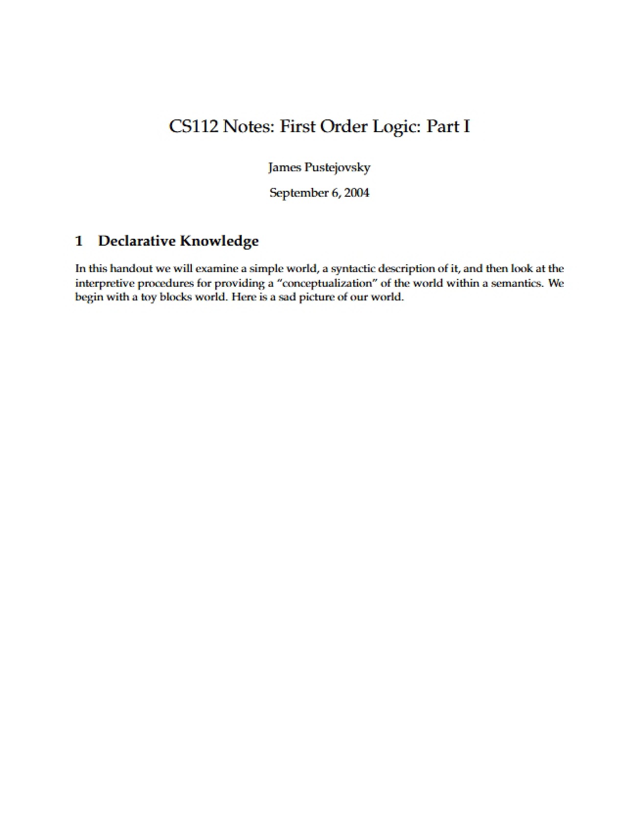 Part One First Order Logic Notes