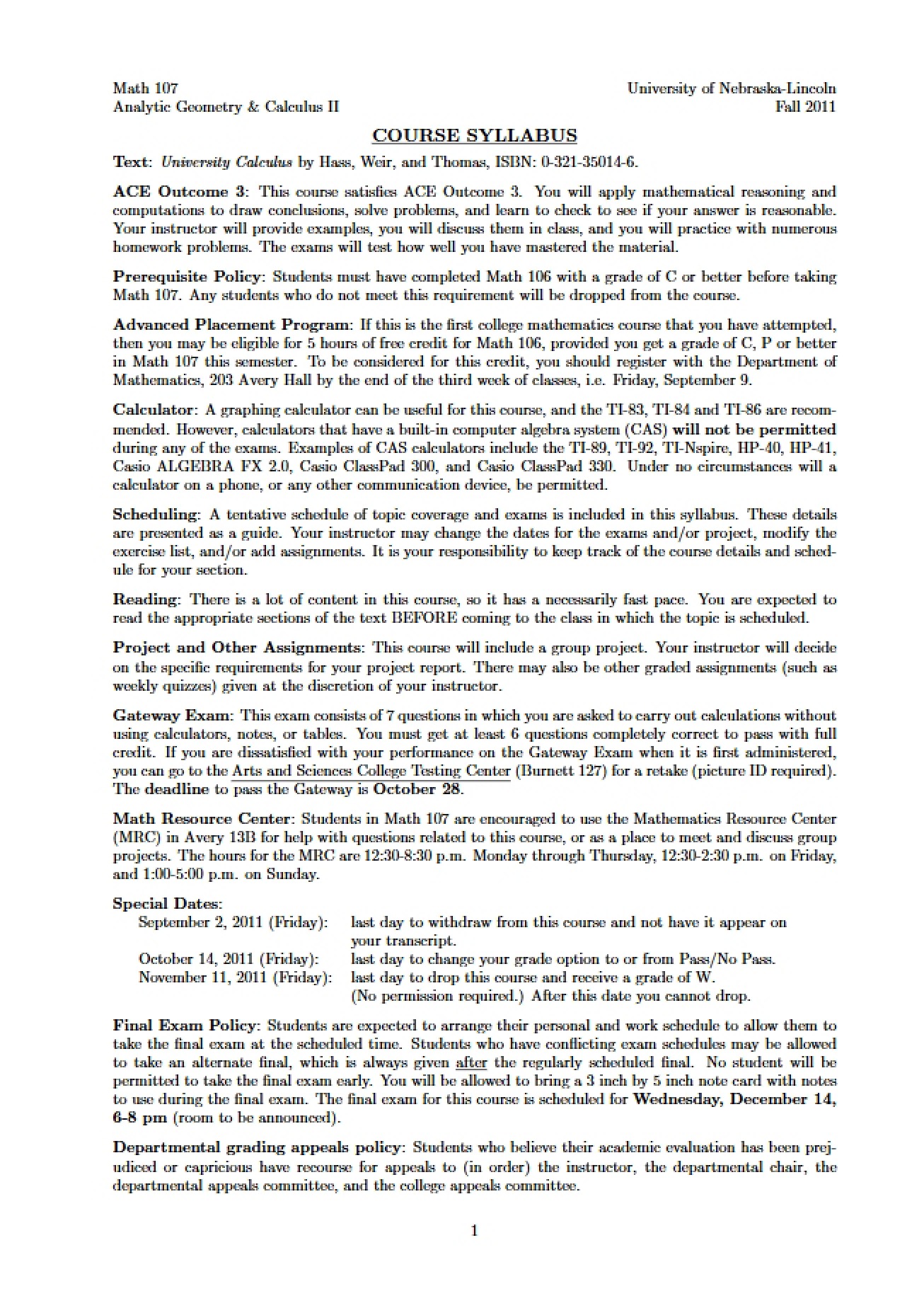 Calculus II Syllabus