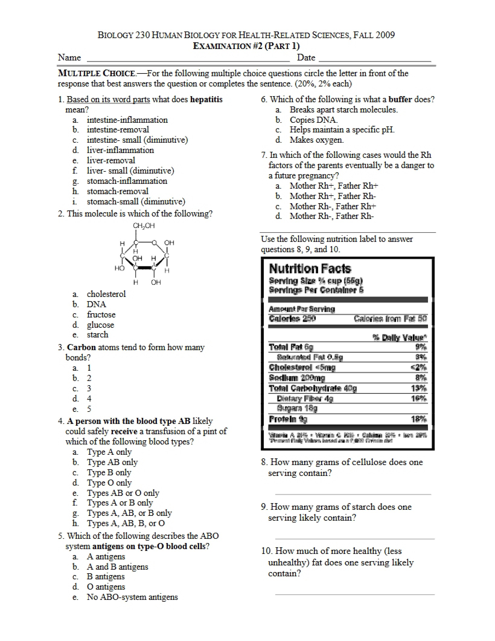 Examination for Human Biology - BL 230