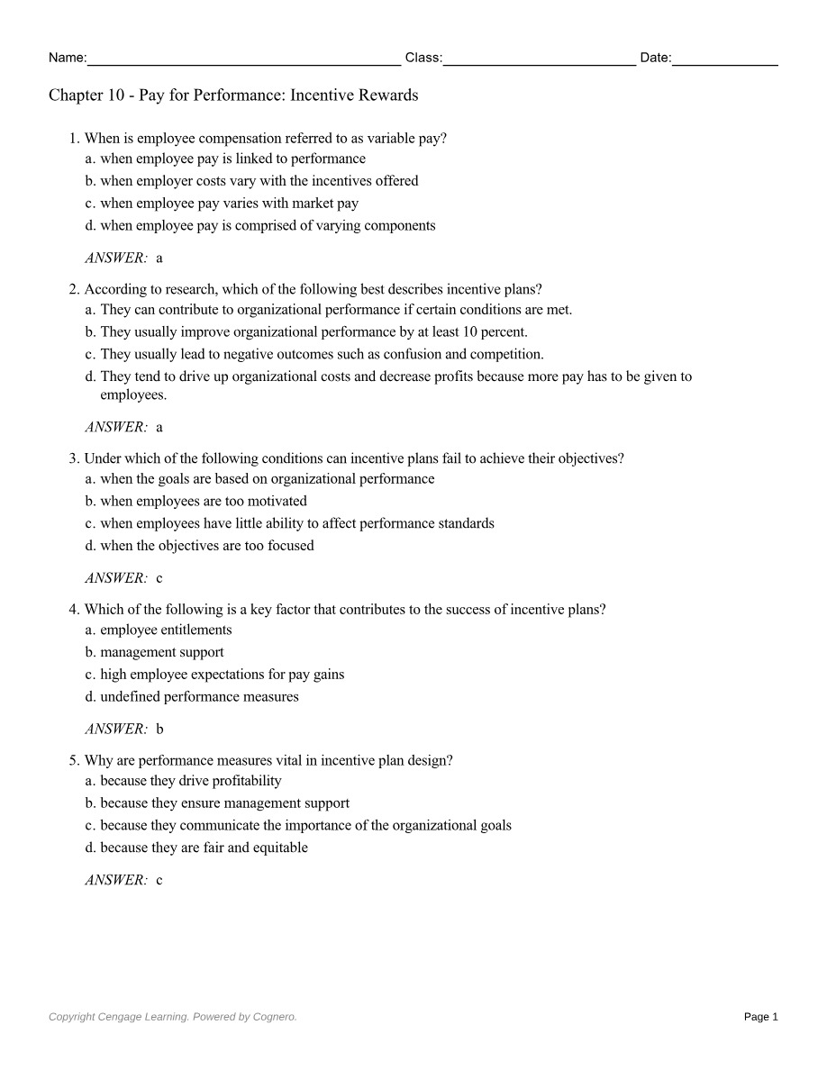 Pay for Performance - Incentive Rewards (Chapter 10)