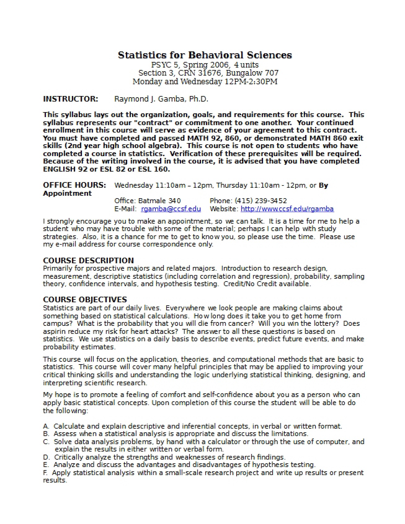 Behavioral Science Statistics Syllabus 11