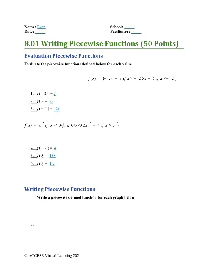 Piecewise Functions - Writing and Evaluation Examples