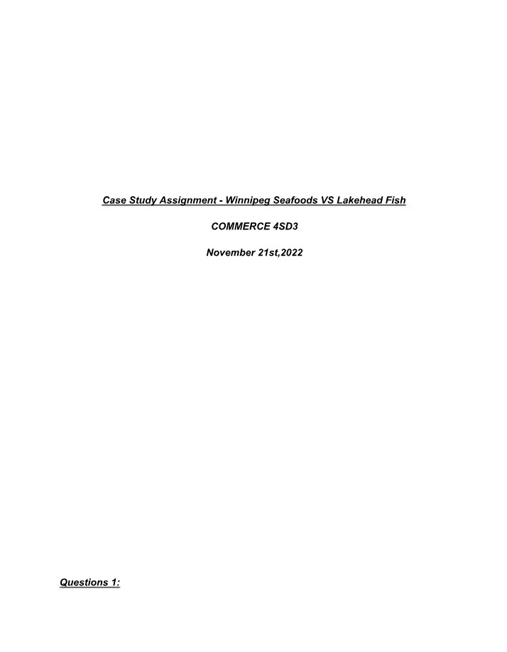 Winnipeg Seafoods vs. Lakehead Fish - Case Study Assignment