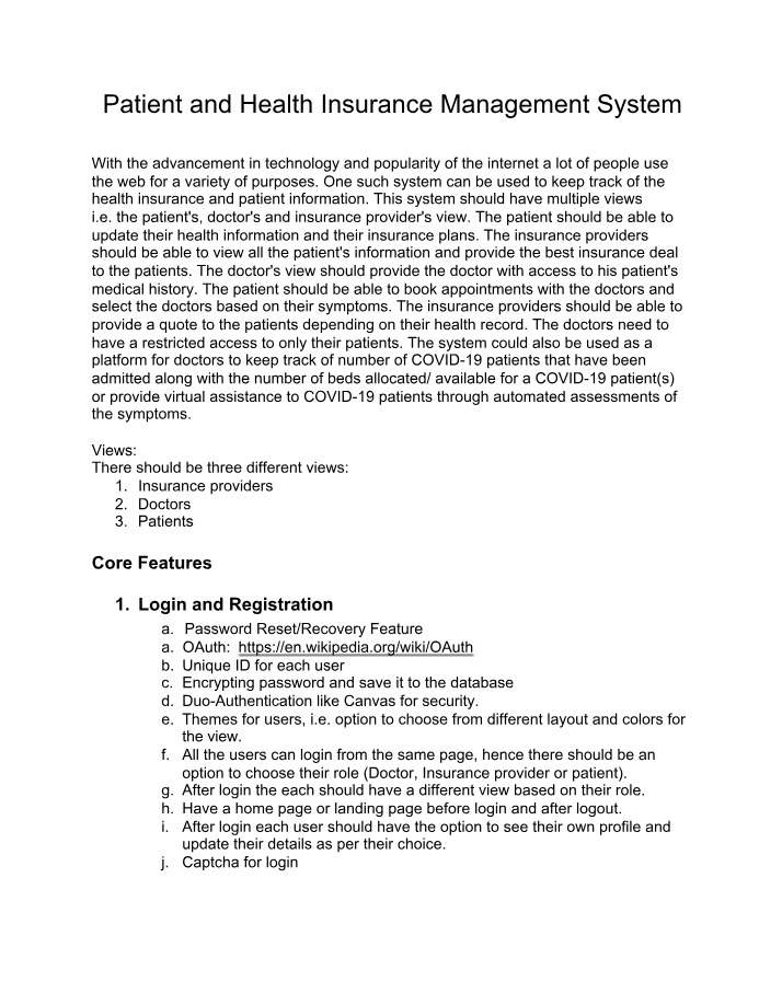 Management System for Patients and Health Insurance