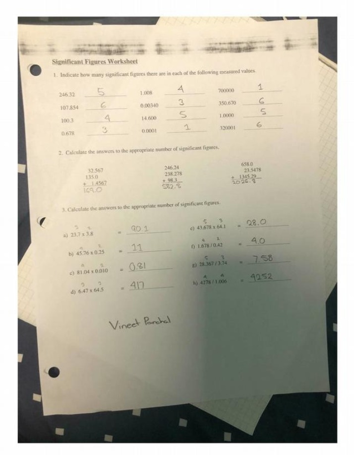 Worksheet on Significant Figures