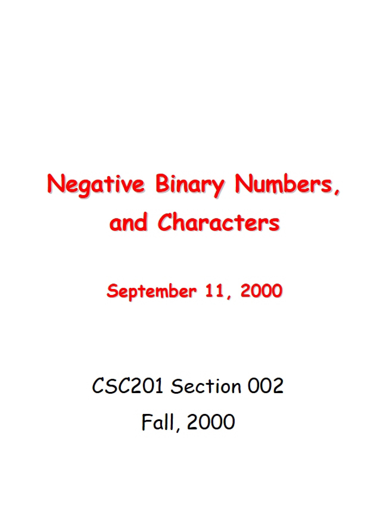 Characters and Negative Binary Numbers