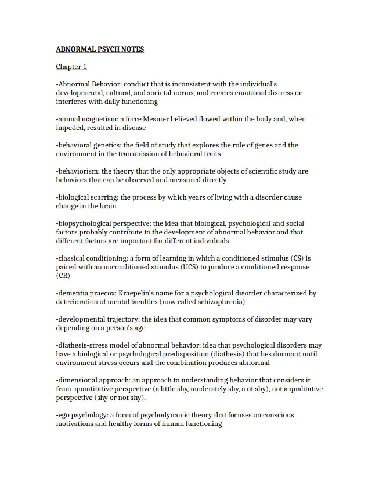 Notes on Abnormal Psychology