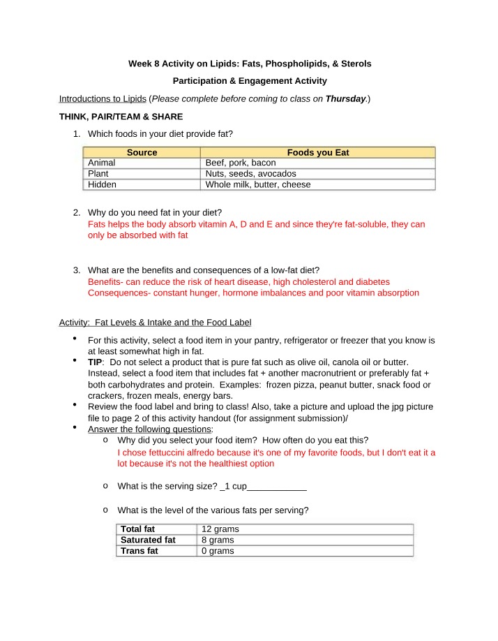 Week 8 Activity - Lipids, Fats, Phospholipids, & Sterols