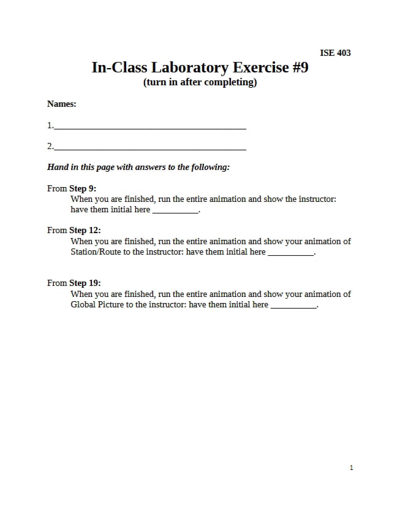 Ninth In-Class Lab Exercise