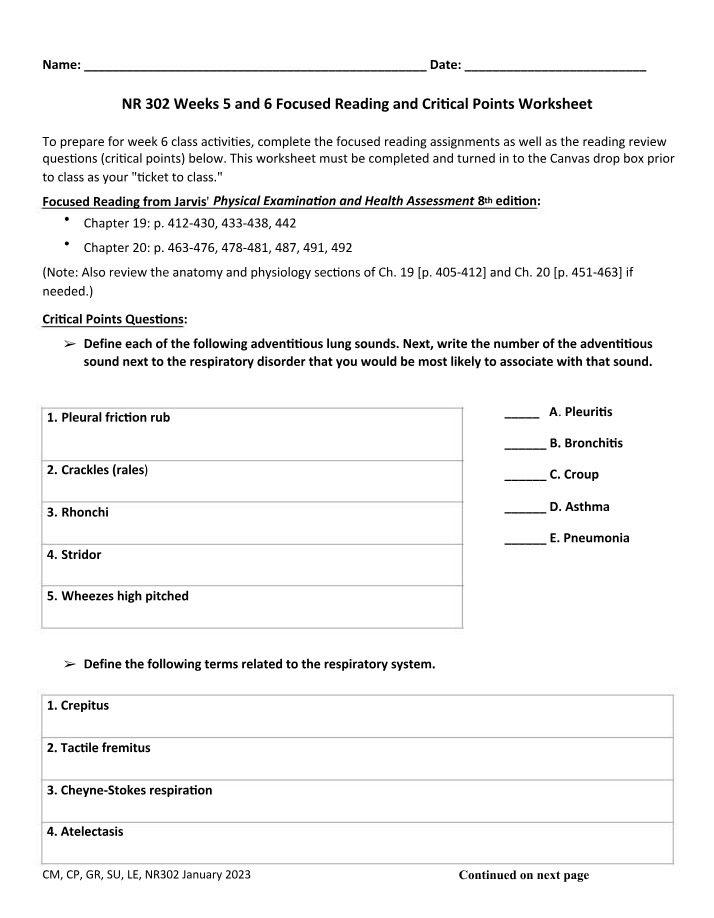 Worksheet for NR 302 Weeks 5-6 - Respiratory and Cardiovascular Systems