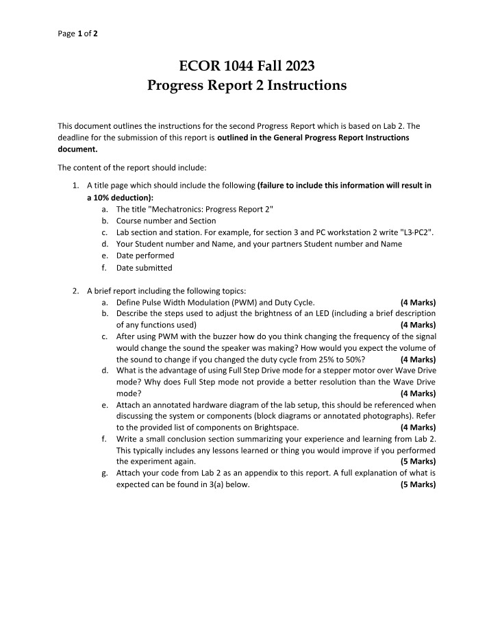 Mechatronics Lab 2 - Progress Report 2 Instructions