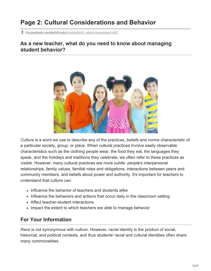 Cultural Considerations in Managing Student Behavior