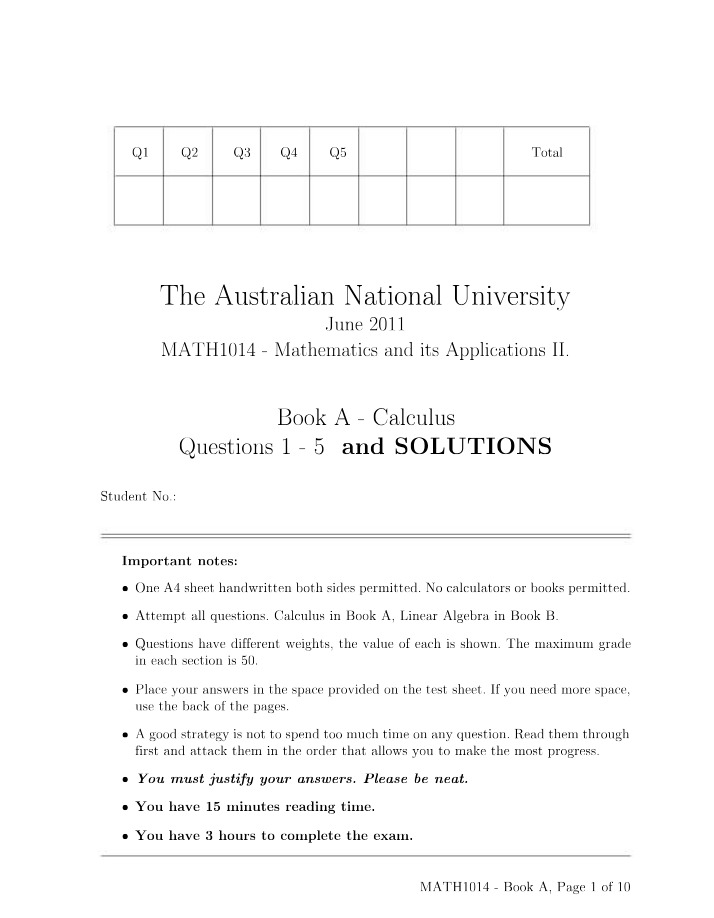 Calculus Final Exam Solutions - June 2011
