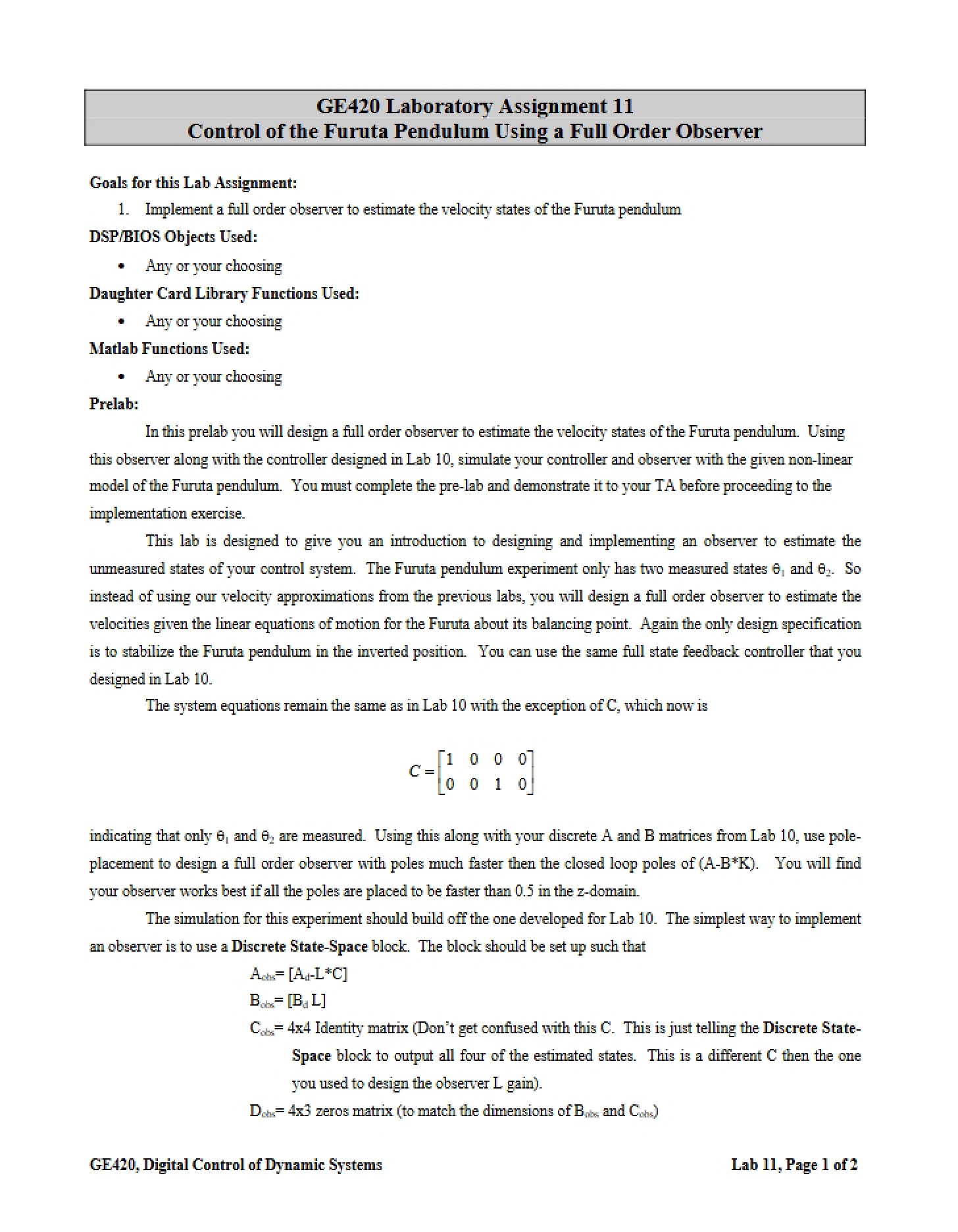 Full Order Observer for Furuta Pendulum Control