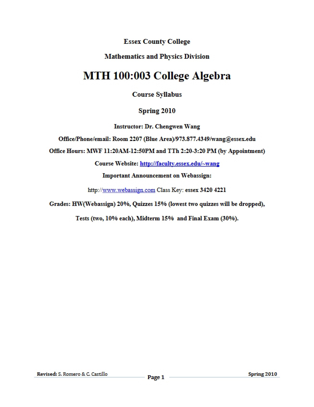 Syllabus for Intro College Math Version One