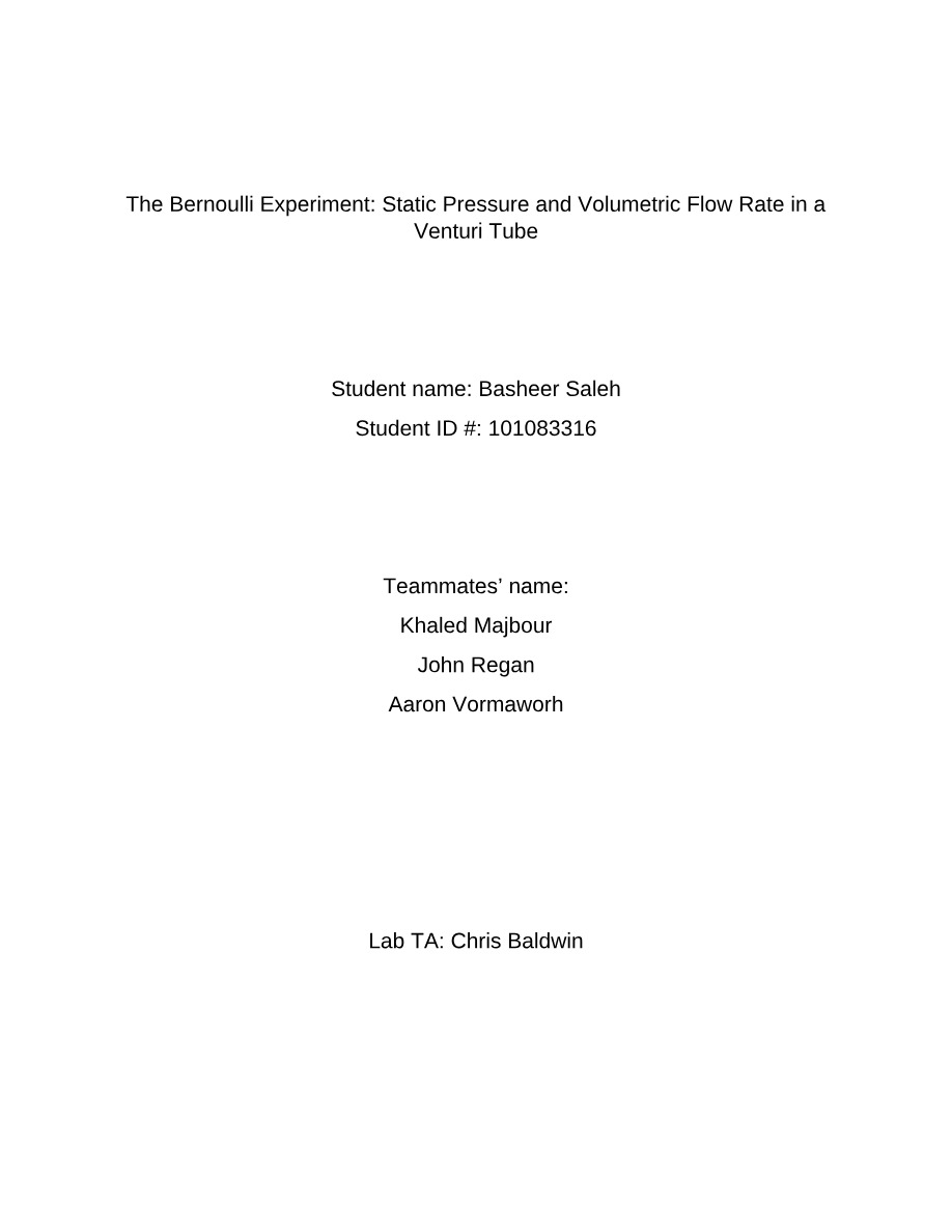 Venturi Tube - Static Pressure and Volumetric Flow Rate
