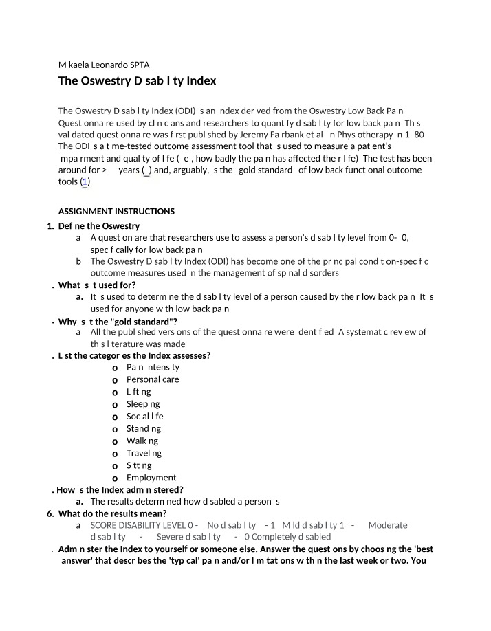 Assignment - Oswestry Index