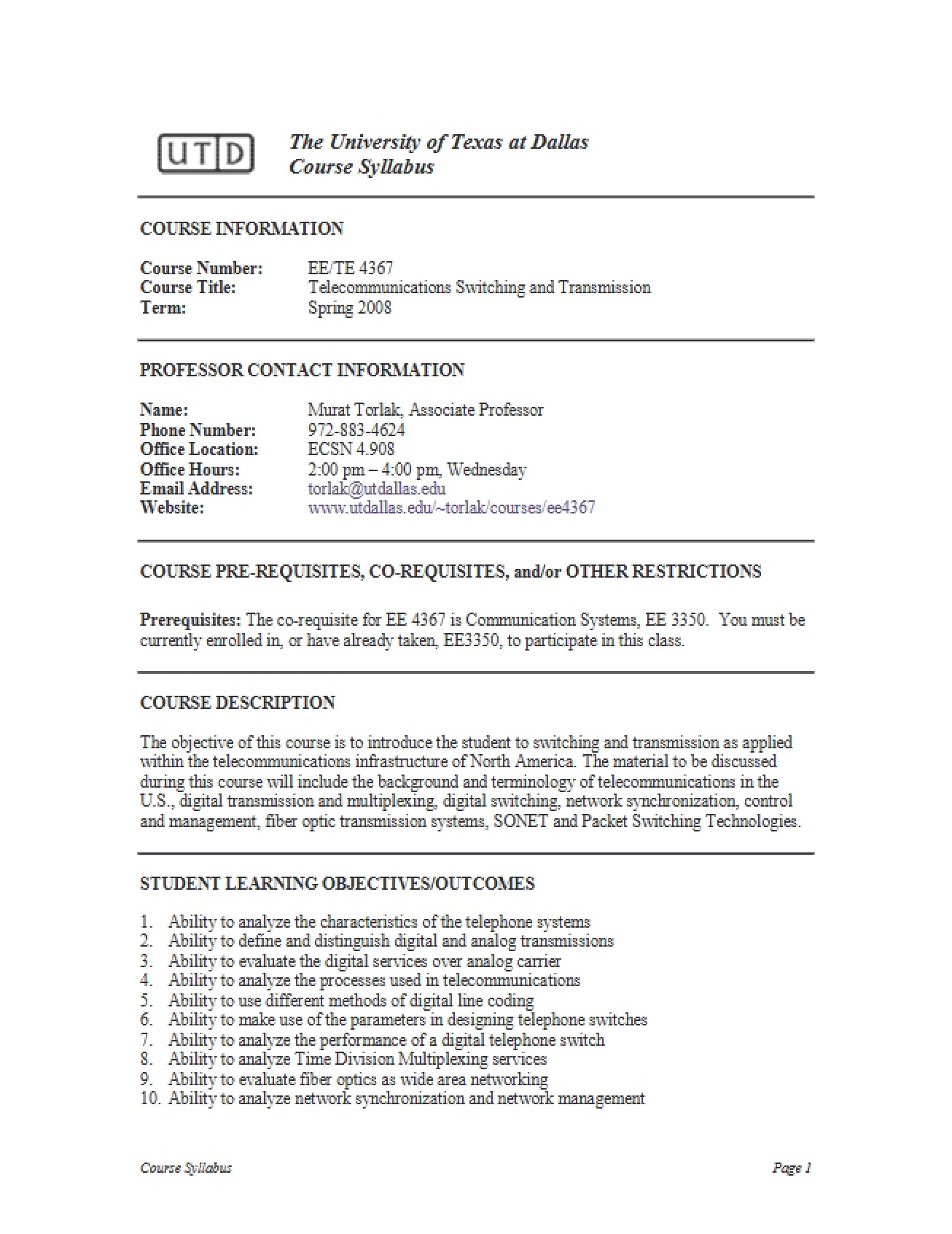 Syllabus for Telecommunication Networks