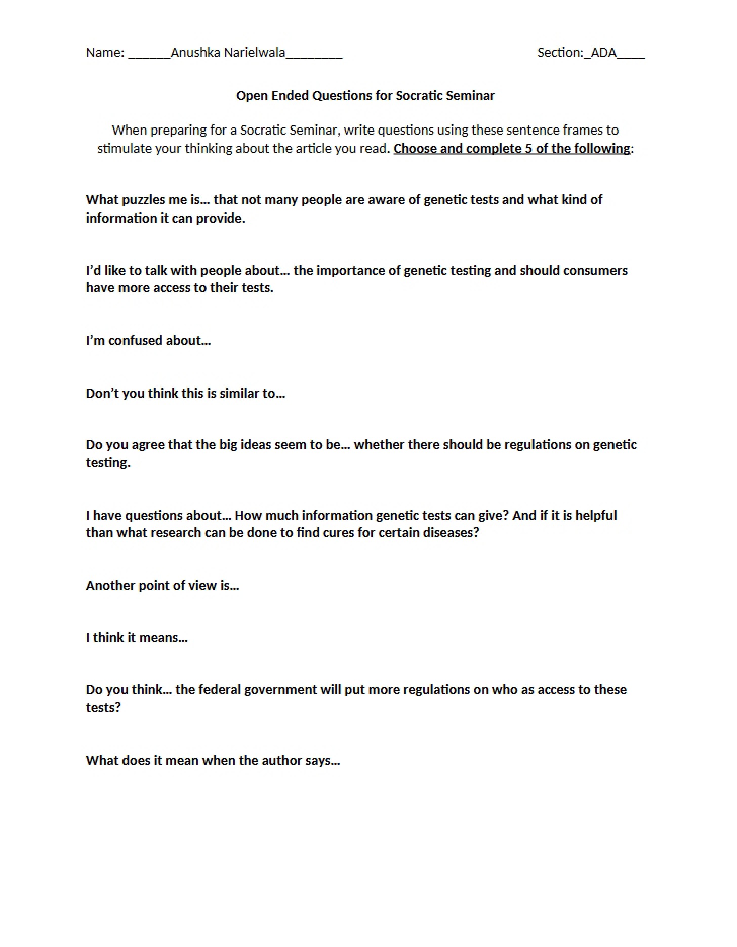 Socratic Seminar Open Ended Qs