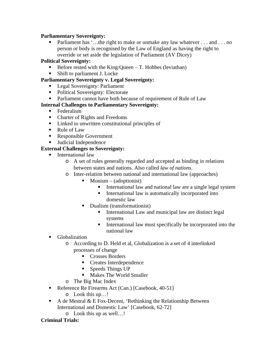 Notes on Parliamentary Sovereignty in the Canadian Legal System