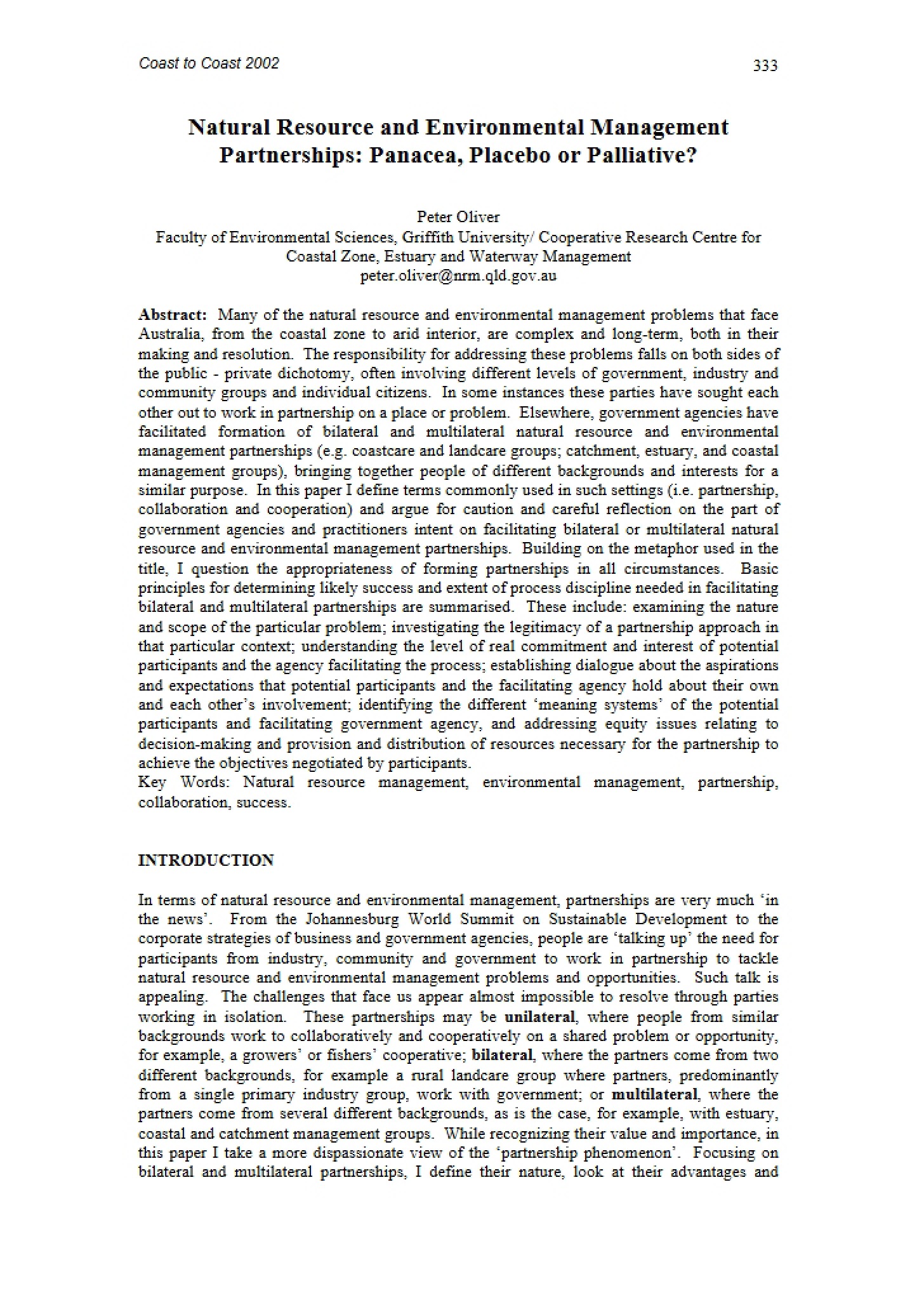 Partnerships in Environmental and Natural Resource Management