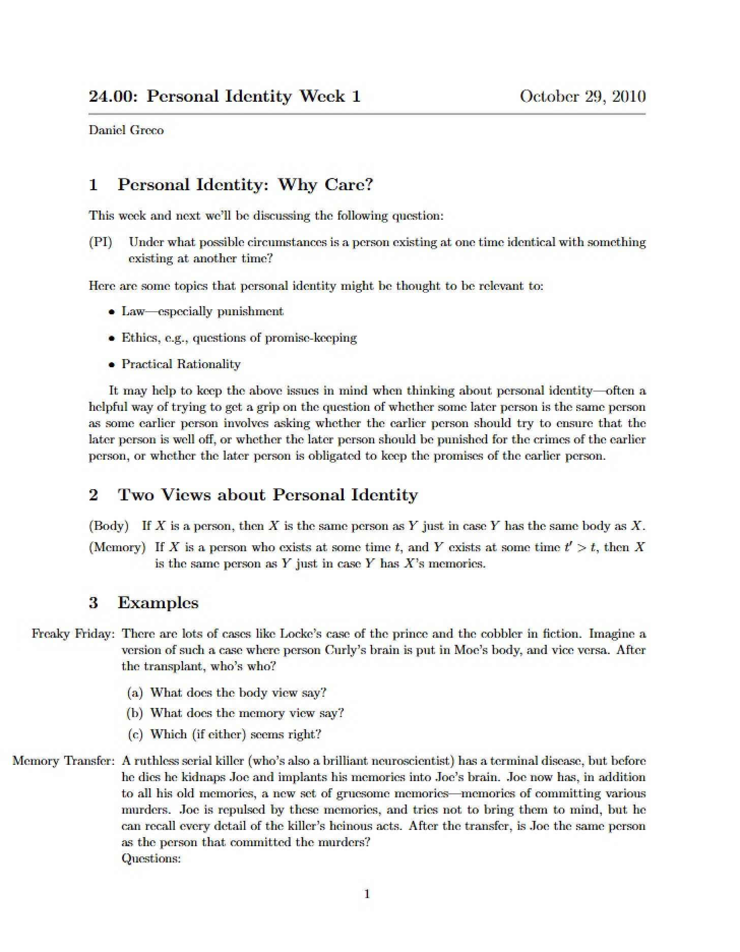 Week 1 Identity of Persons