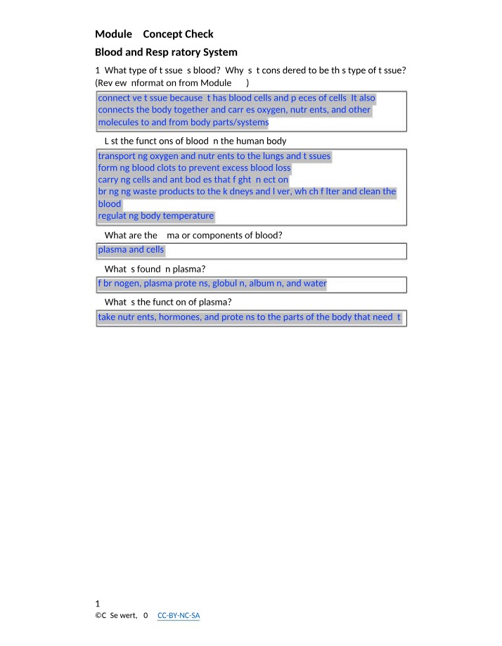 Module 9 Concept Check Blood and Respiratory System Secondary