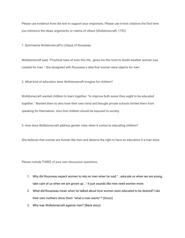 Wollstonecraft's Critique - Gender Roles and Rousseau
