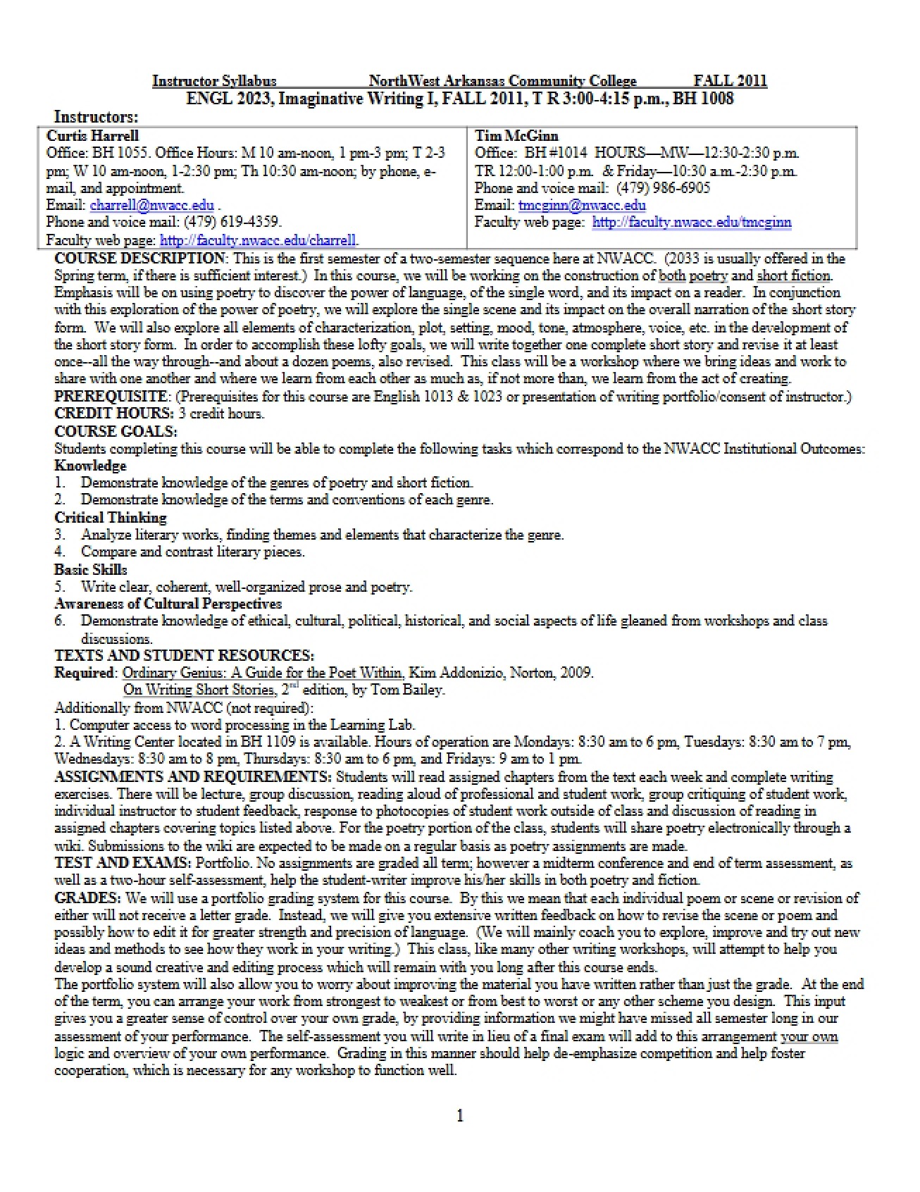 Imaginative Writing Course Plan