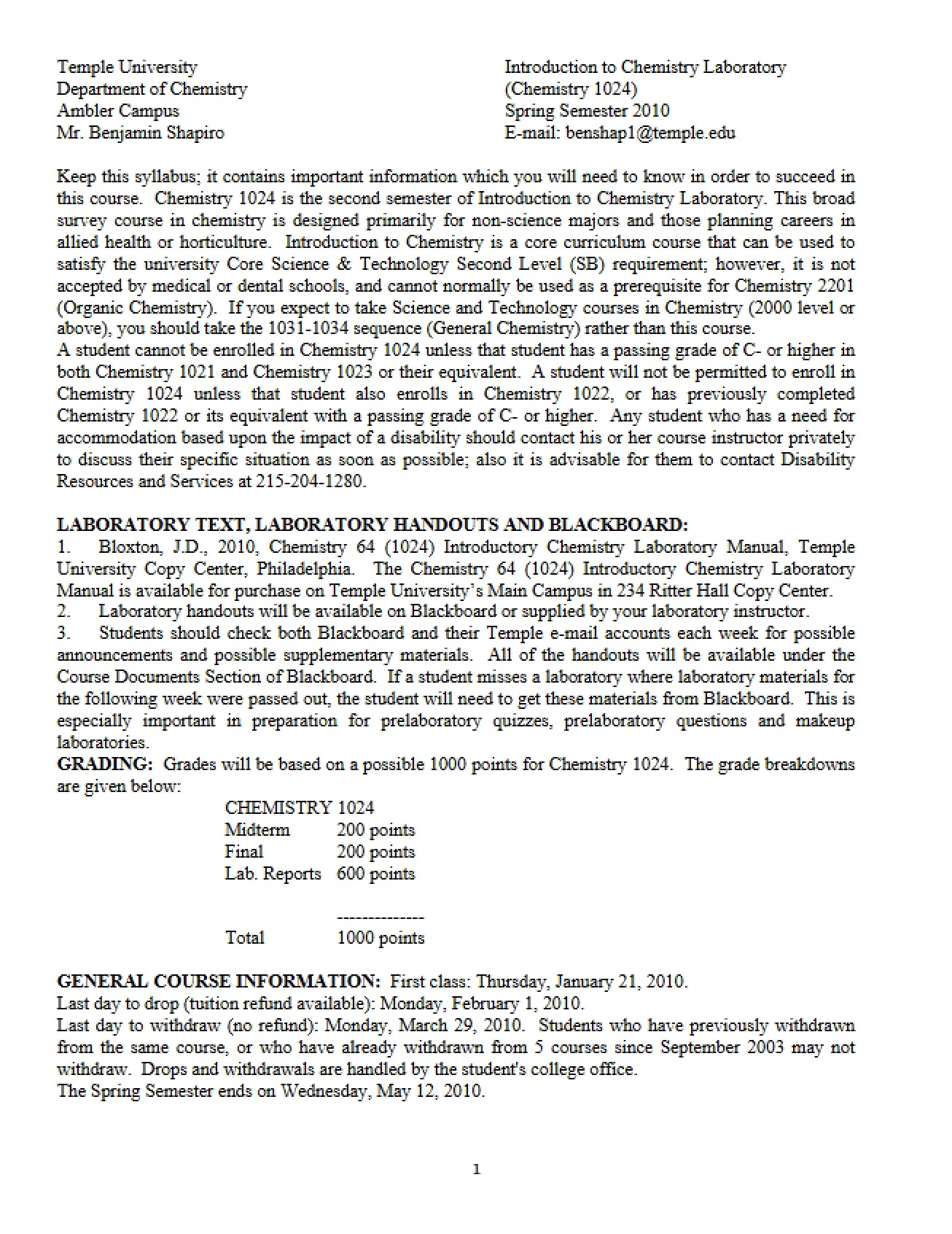 Syllabus for Introduction to Chemistry Laboratory II - 7 Pages