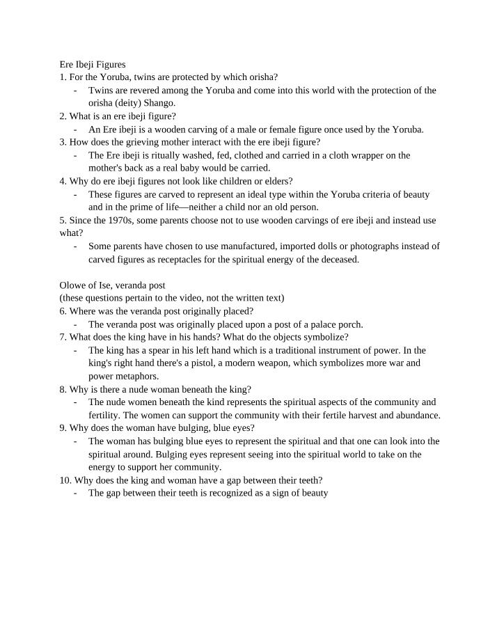 Questions on Ere Ibeji Figures and Olowe of Ise Veranda Post