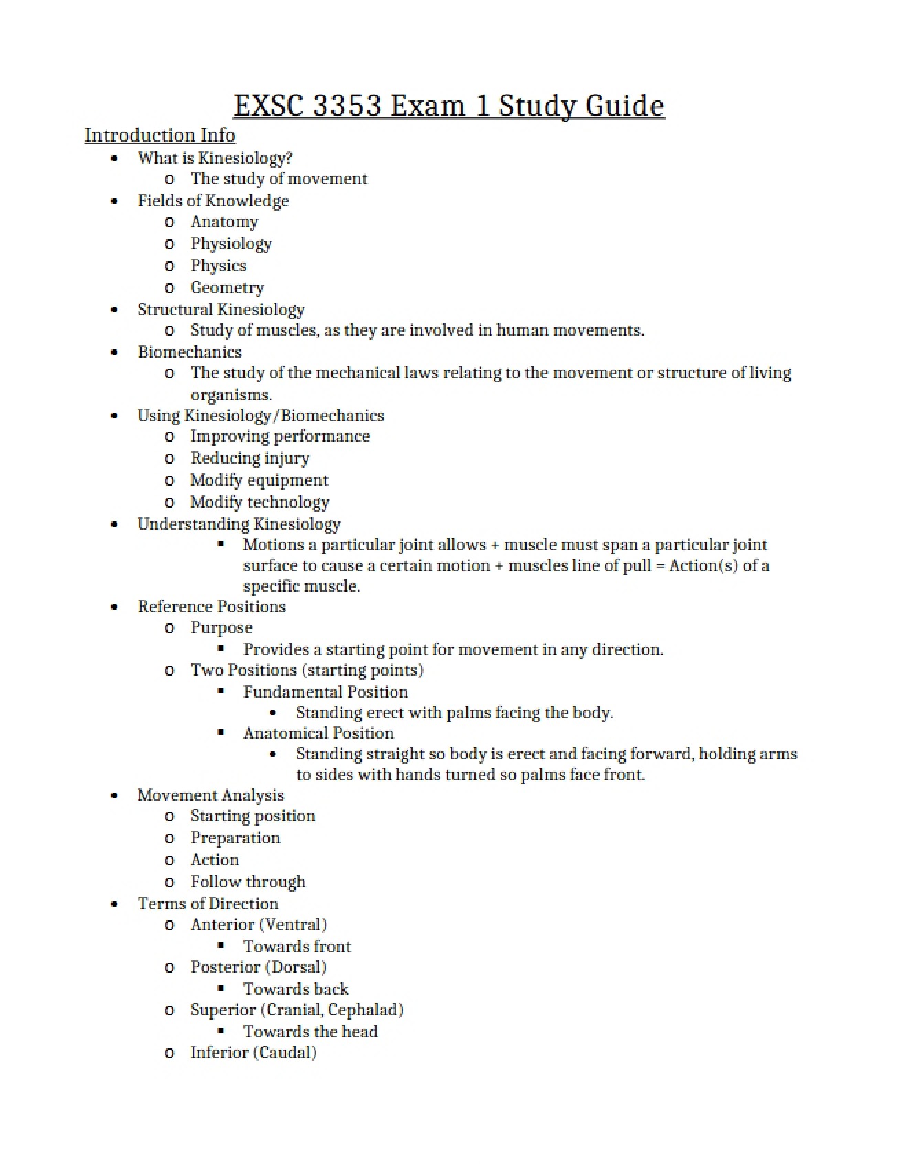 Study Guide for the First Exam in Mechanics of Human Movement
